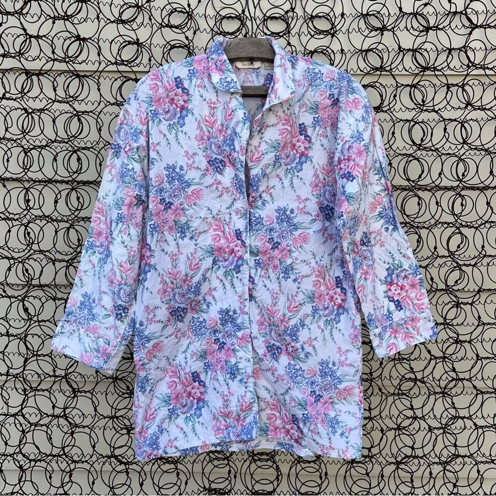 Victoria’s Secret gold label pastel pink blue floral flannel sleep shirt MEDIUM